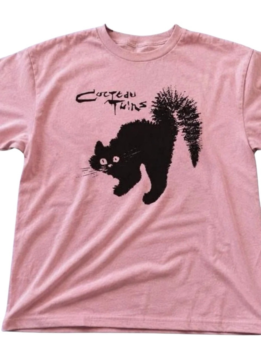 Pink Cocteau Twins Tee with Black Scared Cat Graphic